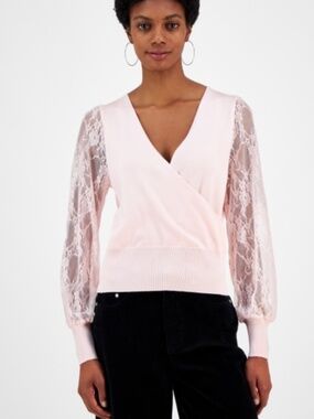 Madden Girl Juniors' Surplice-Neck Lace-Sleeve Sweater - Icy Pink Size S NWT